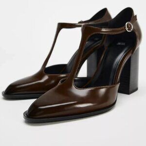 BRAND NEW Zara Brown Block Heel Mary Janes in Size 42